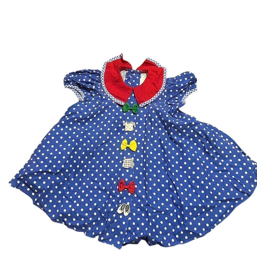 Vintage Toddler Peaches and Cream Polka Dot Collared Dress with Buttons and Bows
